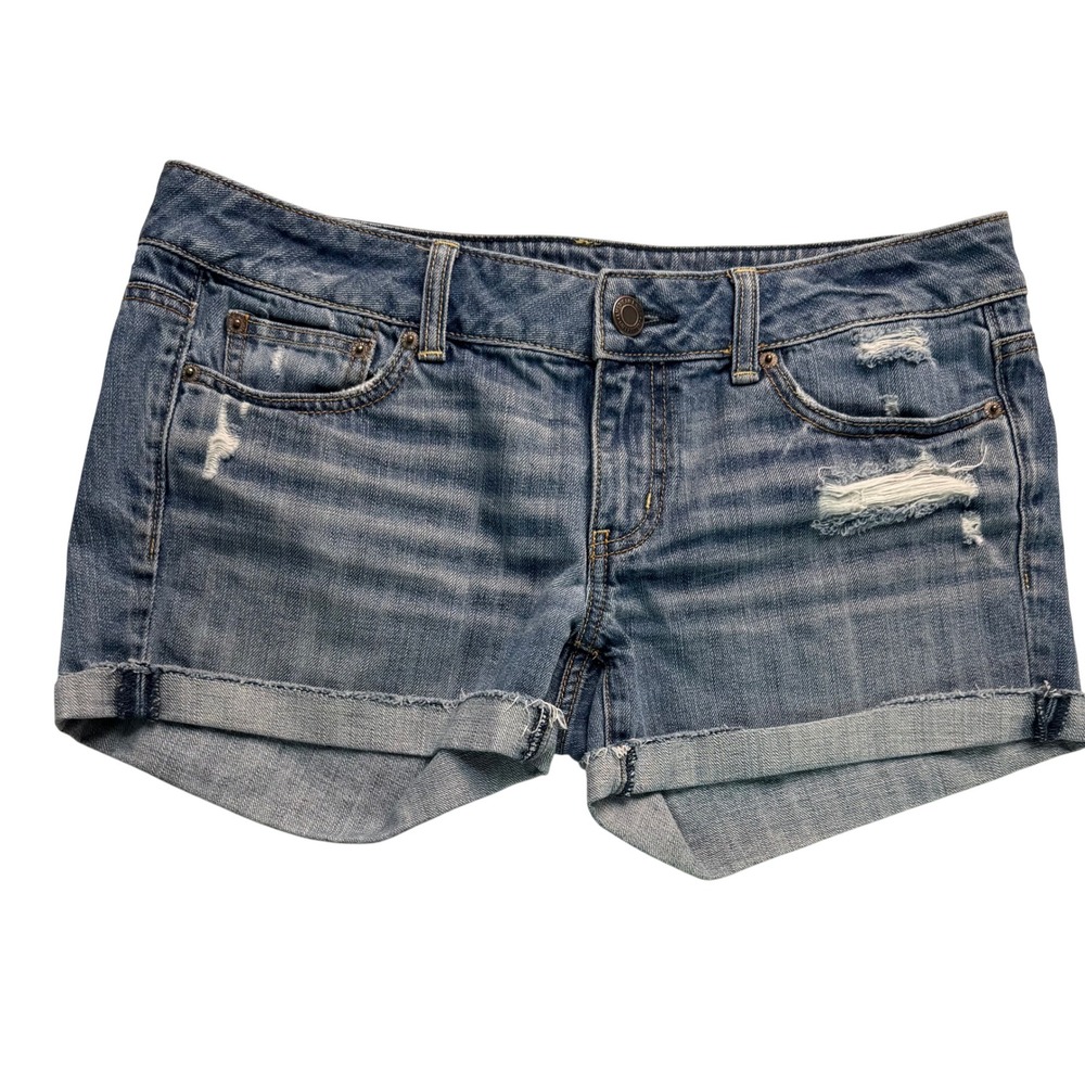 American Eagle Distressed Denim Midi Shorts Medium Wash Cotton Cuffed Womens 8